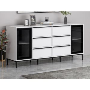 Buffet avec 2 portes en verre trempé et 6 tiroirs - Blanc et noir - MOLINIA