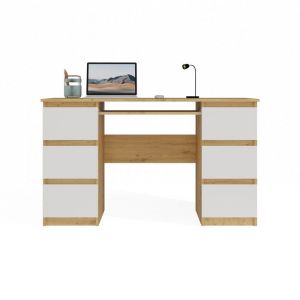 Topeshop - kuba - Bureau 6 tiroirs + plateau clavier - blanc et chêne artisan