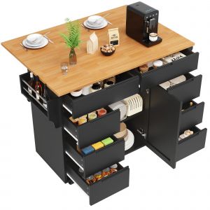 Buffet Cuisine,Armoire de Cuisineavec Roulettes et Plan de Travail,8 Tiroirs,Extensible,Roulettes Frein&eacute;es,Noir