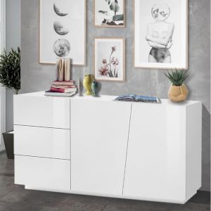 Image de Inside75 Buffet design VEGA 180 cm Finition blanc laqué brillant 3 tiroirs 2 portes - blanc