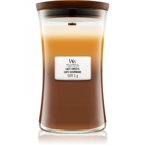Woodwick Grande bougie parfum&eacute;e en jarre avec m&egrave;che qui cr&eacute;pite, Caf&eacute; Gourmand, Temps de combustion jusqu'&agrave; 130 heures