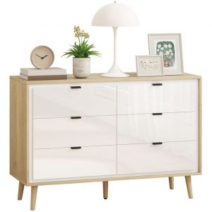 Homcom Commode - 6 tiroirs - haute brillance - pieds en bois - panneau de particules et MDF - 110 x 40 x 75 cm - blanc et chêne