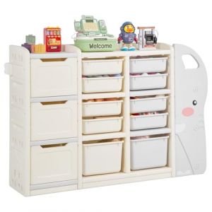 Image de VEVOR Meuble de Rangement Jouets Enfant à 4 Niveaux en Forme d'éléphant, étagère Organisateur de Jouets avec 10 bacs Amovibles en Plastique, pour Salle de Jeux, Salle de Classe, crèche, Gris et Beige