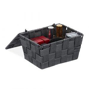 Relaxdays Panier de rangement avec couvercle, lot de 4, aspect tress&eacute;, b&ocirc;ite de rangement, HxlxP 10,5x19,5x14,5, plastique, gris