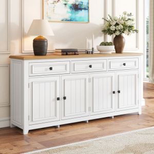 Buffet moderne 160 x 35 x 76 cm - 3 tiroirs et 4 portes - &Eacute;tag&egrave;res r&eacute;glables - MDF - Blanc