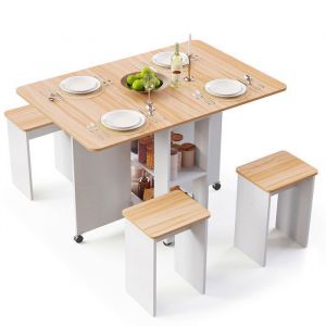 Ensemble Table &agrave; Manger pliante avec 4 Chaises,Table de cuisine avec 2 Etag&egrave;res de Rangement et Roues Verrouillables,120 x 80 x 80 cm,Ch&ecirc;ne et Blanc,