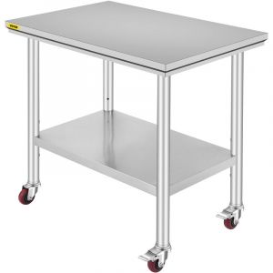 Vevor - Table de Travail Cuisine 91x60x81 cm Table de Travail Inox avec Roulettes et Freins Grande Capacite de Charge pour Preparation des Repas