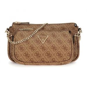 Guess Sac à épaule bandoulière brun clair marron pour femme - Noelle II Double Pouch Crossbody Bag Latte Logo / Brown 309970