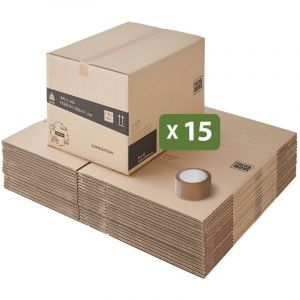 Pack and Move - Lot 15 cartons déménagement hauteur modubale : variable et personnalisable - 60 x 45 x 31-41 cm - Poignées renforcées - 1 adhésif offert