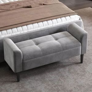Banc rembourré avec accoudoirs, banc de chambre, banc de piano, banc de salle à manger avec motif matelassé, velours, MDF, gris
