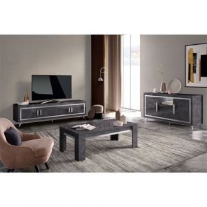 Ensemble Salon Effet Marbre Anthracite Meuble TV + Buffet avec Leds + Table Basse - GUEDA - ALTOBUY