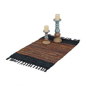 Relaxdays Tapis tissé, 60x110 cm, coton et cuir, descente de lit à franges, antidérapant, chambre et couloir, marron