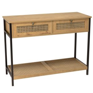 Macabane Console marron 2 tiroirs 1 &eacute;tag&egrave;re cannage effet pieds m&eacute;tal noir