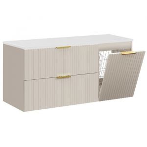 Furnidea - Meuble suspendu sous vasque ADEL CACHEMIRE 120 cm avec panier &agrave; linge et plan blanc - 2 tiroirs - Fa&ccedil;ades rainur&eacute;es