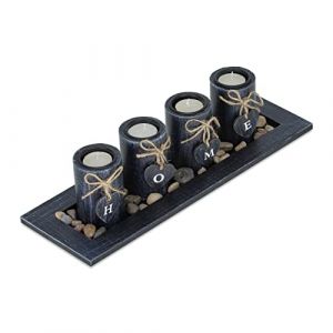 Image de Relaxdays Porte-bougies lot avec plateau et pierres, 39,5 cm de longueur, décoration table salon, bougeoir «Home», noir -