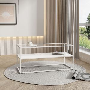 Table basse Solund avec étagère acier verre trempé 102 x 43 x 46 cm blanc mat