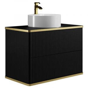 Vente-unique - Meuble de salle de bain suspendu strié liseré doré avec vasque à poser ronde - Noir - 80 cm - keliza