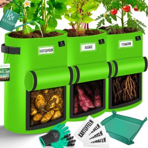 KESSER Lot de 3 sacs de plantation pour pommes de terre 38 l - En non-tiss&eacute; avec &eacute;tiquettes nominatives - Avec fen&ecirc;tre et poign&eacute;es - Pot de plantation lavable avec gants et tapis de travail - Vert