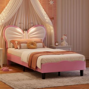 Blanketswarm - Lit Enfant Rembourré 90×200, Lit pour enfant Fille, Tête de lit en Forme de Papillon avec Lampe de Lecture, Lit Simple Capitonné avec