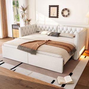 Canap&eacute;-lit rembourr&eacute; 90 x 200 cm - Avec lit gigogne - Avec &eacute;clairage LED - MDF + lin - Beige (matelas non inclus)