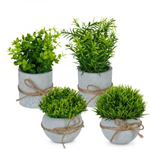 Relaxdays Plante Artificielle en Plastique, Lot de 4, détails réalistes, Pot en Pierre, romarin, buis, Herbe, Vert/Gris