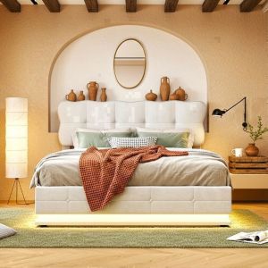 Lit 140x190 cm - LED - tissu en velours - cadre de lit adulte - beige