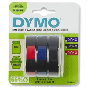 Dymo Lot de 3 rubans 3D en blister, finition brillante, 9mm x 3m, assortis : Noir, bleu, Rouge