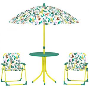 Ensemble Salon de Jardin Ext&eacute;rieur Enfant - AIYAPLAY - 2 Chaises Pliantes, Parasol inclus - Th&egrave;me Jungle - Acier et plastique - Vert