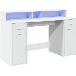 Bureau table poste de travail meuble d'ordinateur informatique étude avec lumières LED 140 x 55 x 91 cm bois d'ingénierie blanc
