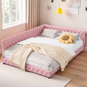 Lit Double 140x200cm - T&ecirc;te de Lit Velours - &Eacute;clairage LED - Design Bulle - Rose