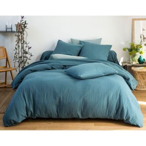Housse de couette 200x200 en gaze de coton bleu canard