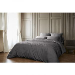 Pack Housse de couette 260 x 240 cm bambou de satin 120 fils Salomé + Drap housse 160 x 200 cm Anthracite