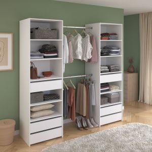 Parisot Dressing - ANETO - Blanc - Double colonne - 6 tiroirs - 2 barres de penderie - L199,9 x H200 x P49,7 cm
