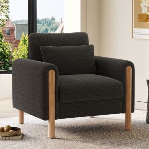 MODFU-Fauteuil de relax, chaise rembourr&eacute;e, tissu Teddy, pieds en bois avec patins en caoutchouc antid&eacute;rapants, salon/chambre, gris fonc&eacute;