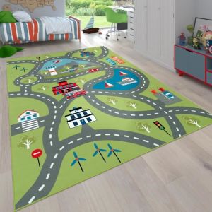 Tapis pour enfants, Tapis de jeu pour chambres d'enfants, Avec motif de rue, En vert [140x200 cm]