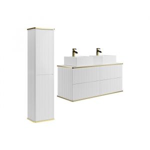 Meuble de salle de bain suspendu stri&eacute; avec double vasque &agrave; poser carr&eacute;e et colonne - Blanc - 120 cm - KELIZA