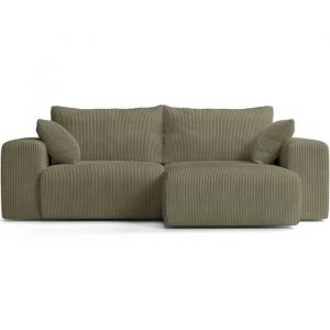 Canap&eacute; d'angle convertible r&eacute;versible 3 places en velours c&ocirc;tel&eacute; vert