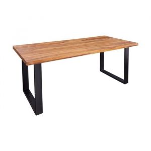 Table de salle &agrave; manger LODEN 200 cm &ndash; Plateau en bois massif de sheesham verni &ndash; Pieds en U en m&eacute;tal noir
