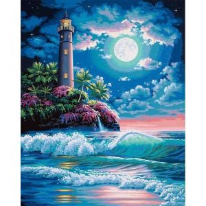Peinture au num&eacute;ro : Phare sous la pleine Lune - sans ch&acirc;ssis en bois