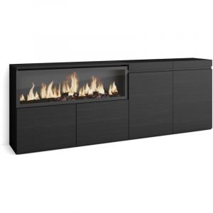 Skraut Home - Buffet salon et cuisine, Meuble de Rangement, Commode, 210, 4 Portes, Cheminée électrique XXL, Style moderne, Noir