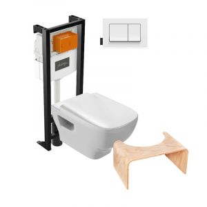 Jacob Delafon Pack WC suspendu sans bride Struktura+ bâti-support + plaque blanc + tabouret bois