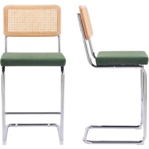 Lot de 2 tabourets de bar en cannage et velours c&ocirc;tel&eacute; vert kaki - Muse