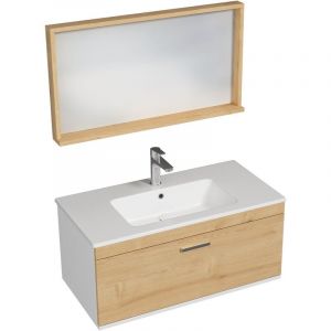 Rubite Meuble salle de bain simple vasque 1 tiroir largeur 90 cm + miroir cadre Chêne
