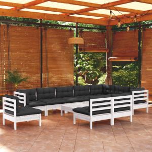 VidaXL Salon de jardin 11 pcs avec coussins Blanc Bois de pin solide
