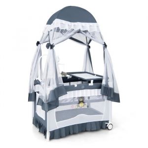 Costway Lit Parapluie B&eacute;b&eacute; Pliant 4 En 1 Lit De Voyage Avec Matelas,Moustiquaire De Yourte,Table &Agrave; Langer, Porte-Couche Et Sac Gris