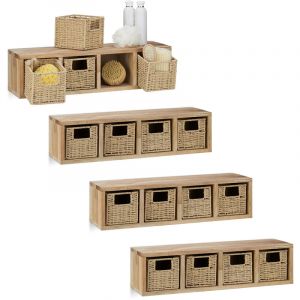 Relaxdays 4x Etageres cube rangement, 8 paniers amovibles, corbeille bois noyer couloir chambre cuisine montage mural, nature