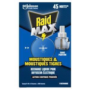 Raid Max Recharge Diffuseur Electrique Liquide - Moustiques et Moustiques Tigres 45 Nuits - Sans Parfum - 1 Recharge