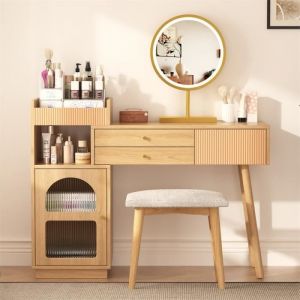 Coiffeuse L120XH90XP40 cm, table de maquillage avec miroir LED, avec 3 tiroirs et armoire latérale, Naturel
