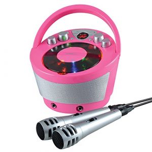 Groov-e Boombox Portable de f&ecirc;te karaok&eacute; avec Lecteur CD, Lecture sans Fil Bluetooth, &eacute;clairage Effet de f&ecirc;te, Micro et contr&ocirc;le Vocal &ndash; 2 Microphones Inclus &ndash; Rose