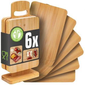 Lot de 6 : Planche Aperitif Bois avec Support - 22x15 Petite Planche Bambou